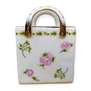 Vintage Nantucket White & Pink Ceramic/Porcelain Hand Bag w/Gilt Accents